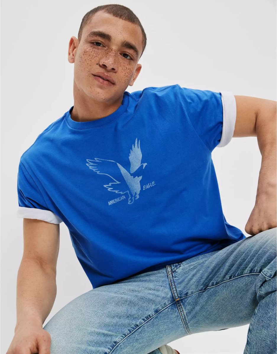 T Shirt Graphique American Eagle AE Super Soft Logo Bleu Homme | NQB-09548133